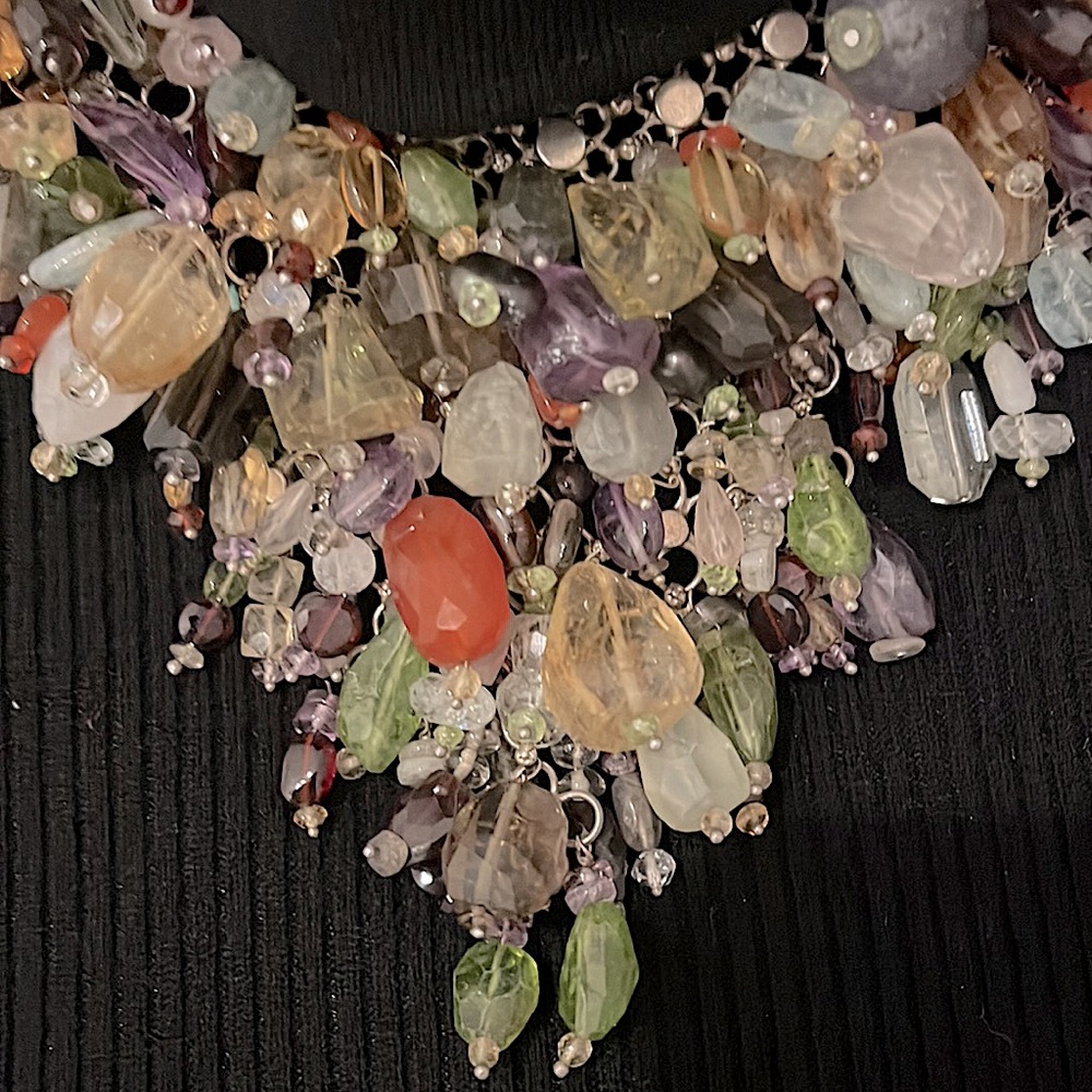 Bohemian Bib Style Necklace with Semi Precious Stones .925 Silver Handmade India